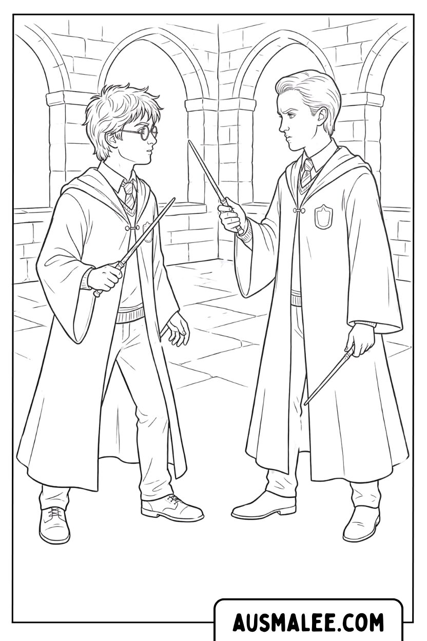 Ausmalbild Harry Potter Gegen Draco Malfoy