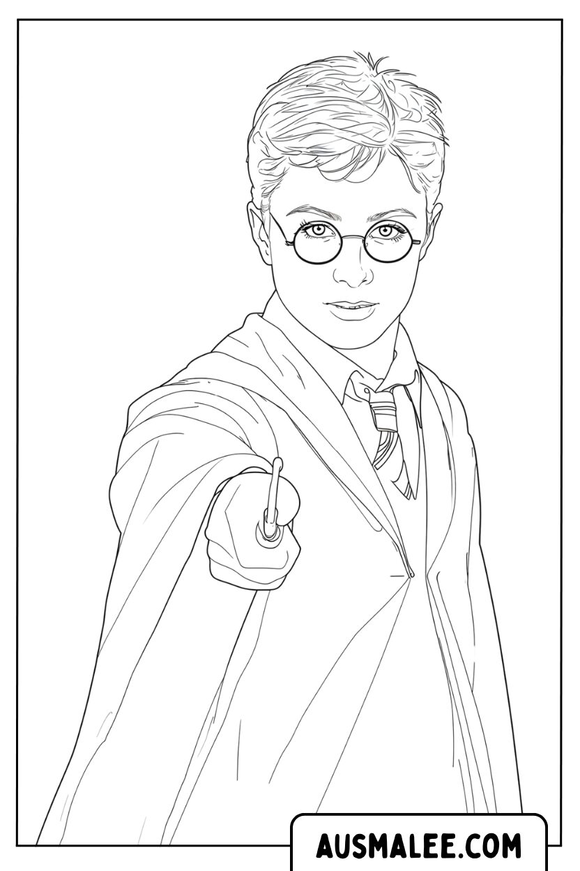 Ausmalbild Harry Potter Hält Zauberstab