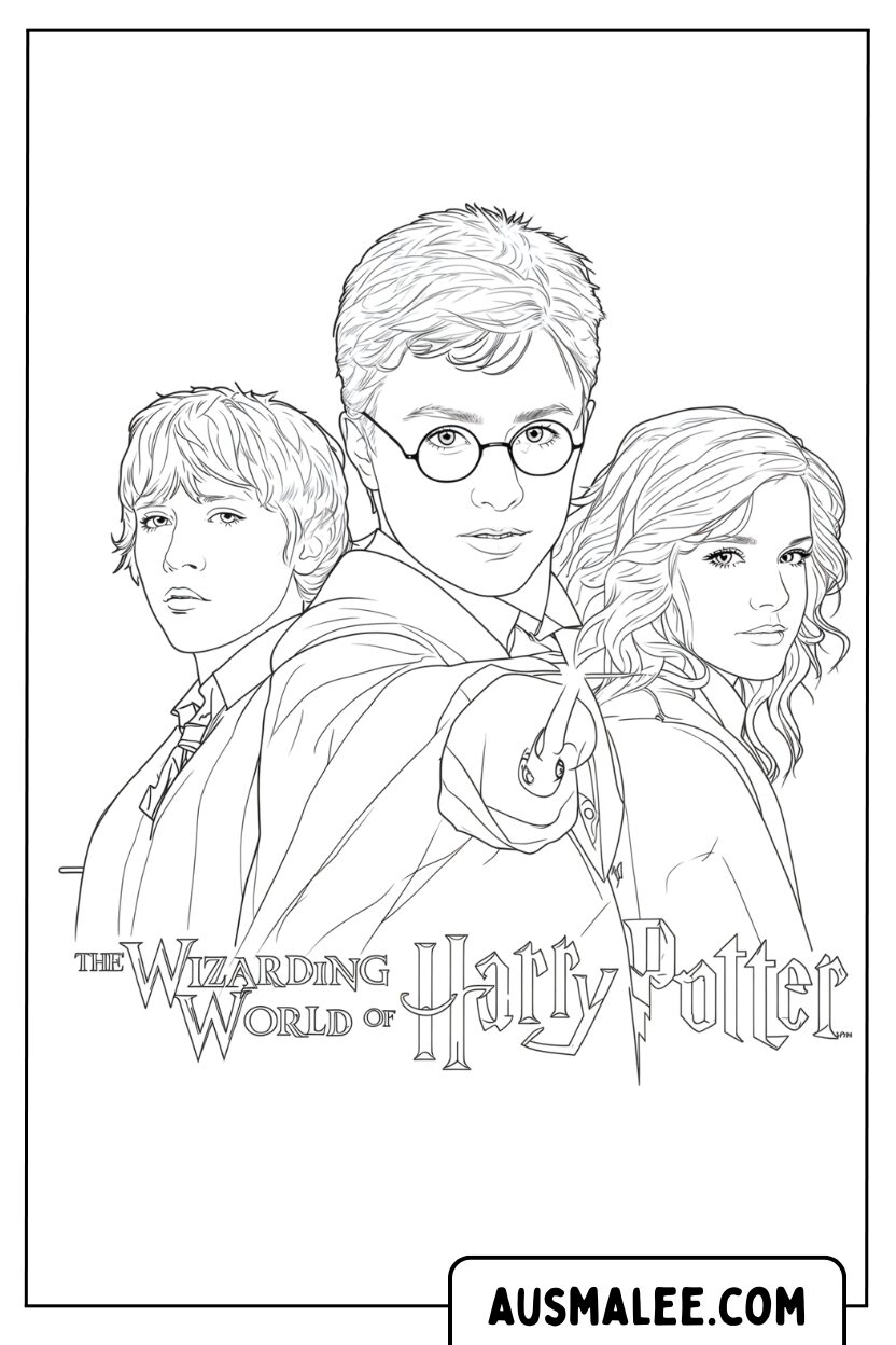 Ausmalbild Harry Potter Haupttrio Steht