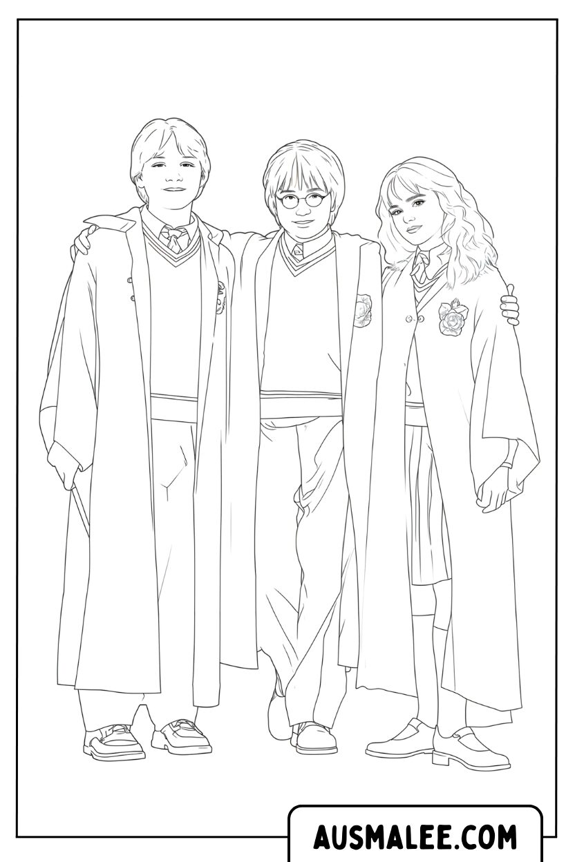 Ausmalbild Harry Potter Trio Umarmt Schultern