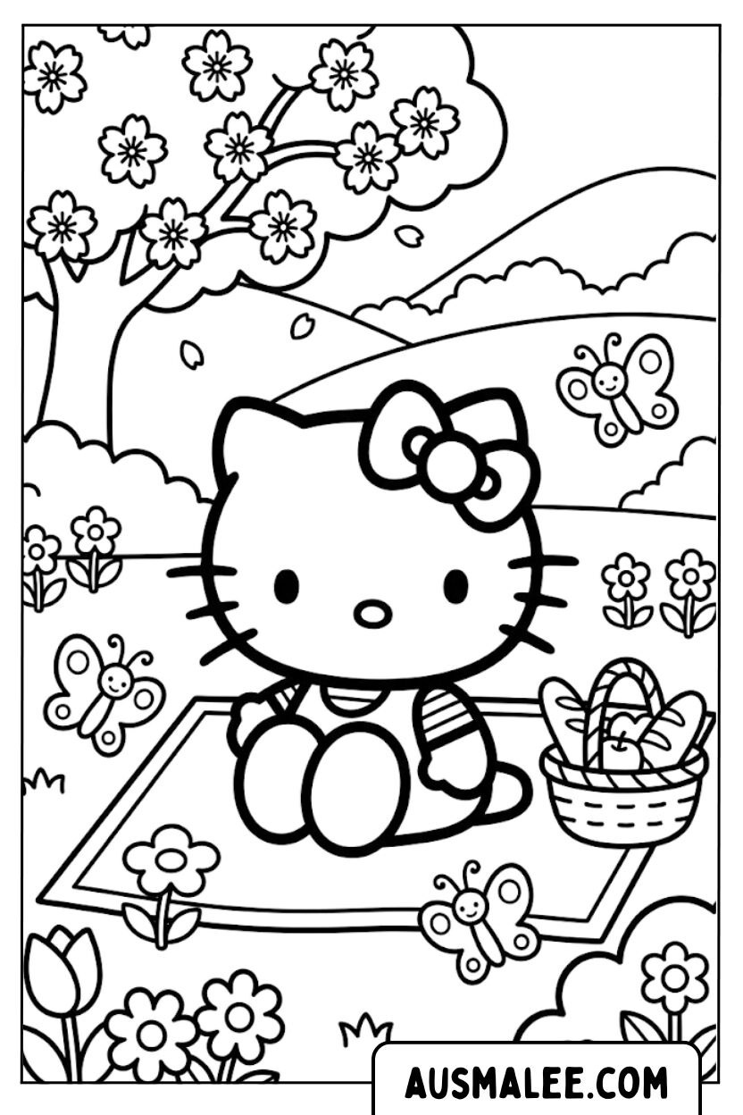 Hello Kitty picknick kleurplaat