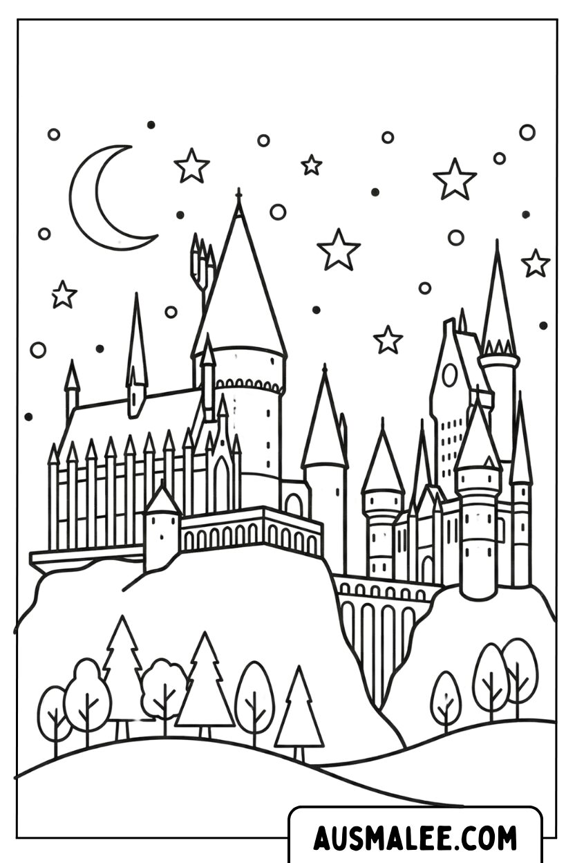 Ausmalbild Hogwarts Schloss Bei Nacht Sterne