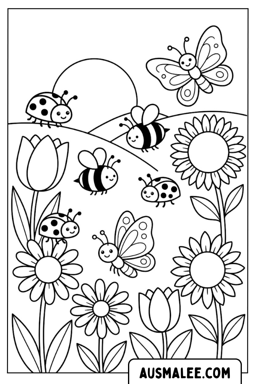 Kleurplaat insecten lenteweide