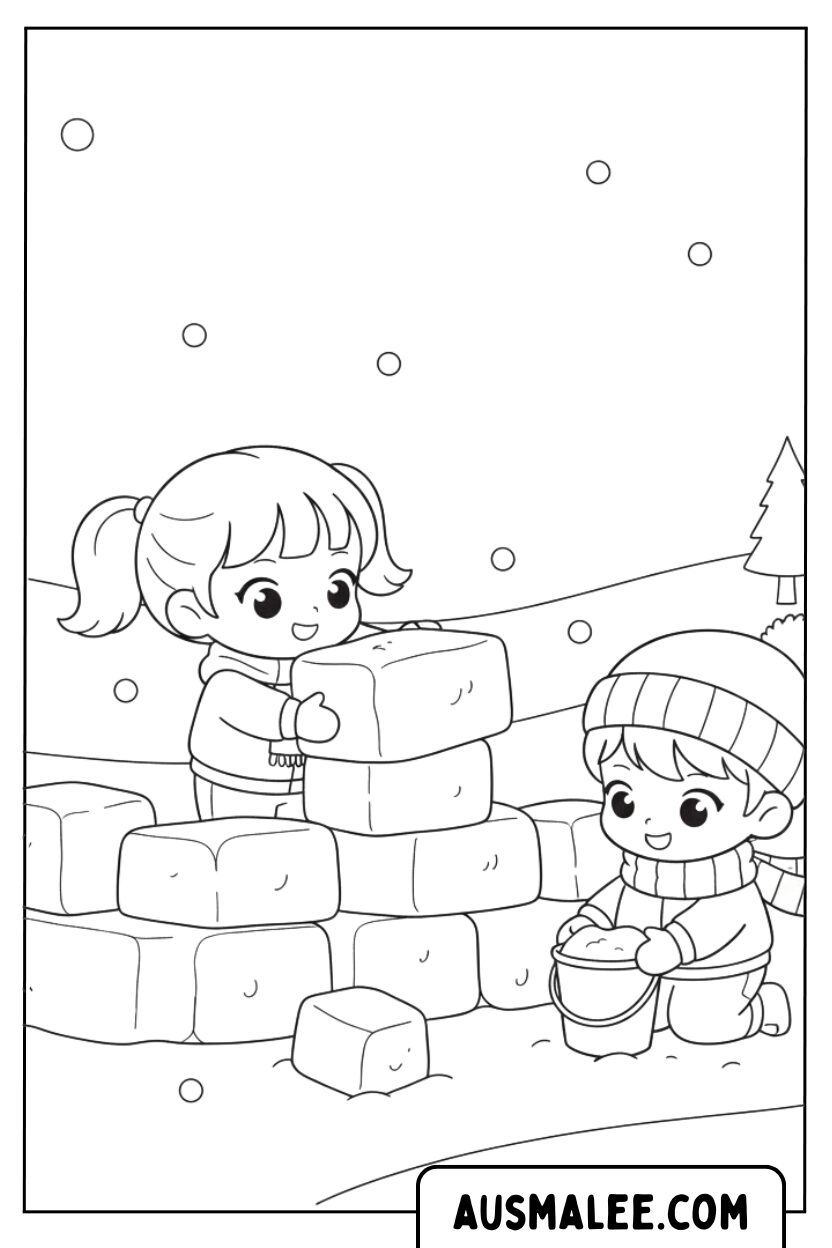 Coloriage pour que les enfants construisent un igloo