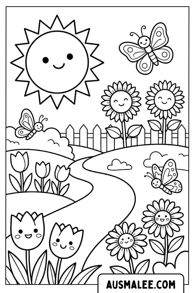 Kleurplaat Lachende bloemen zon