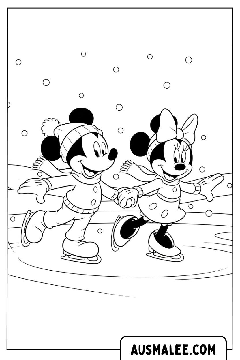 Coloriage de patin à glace Mickey Minnie