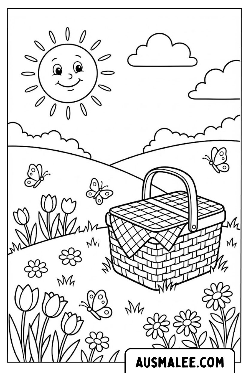 Kleurplaat picknickmand lente