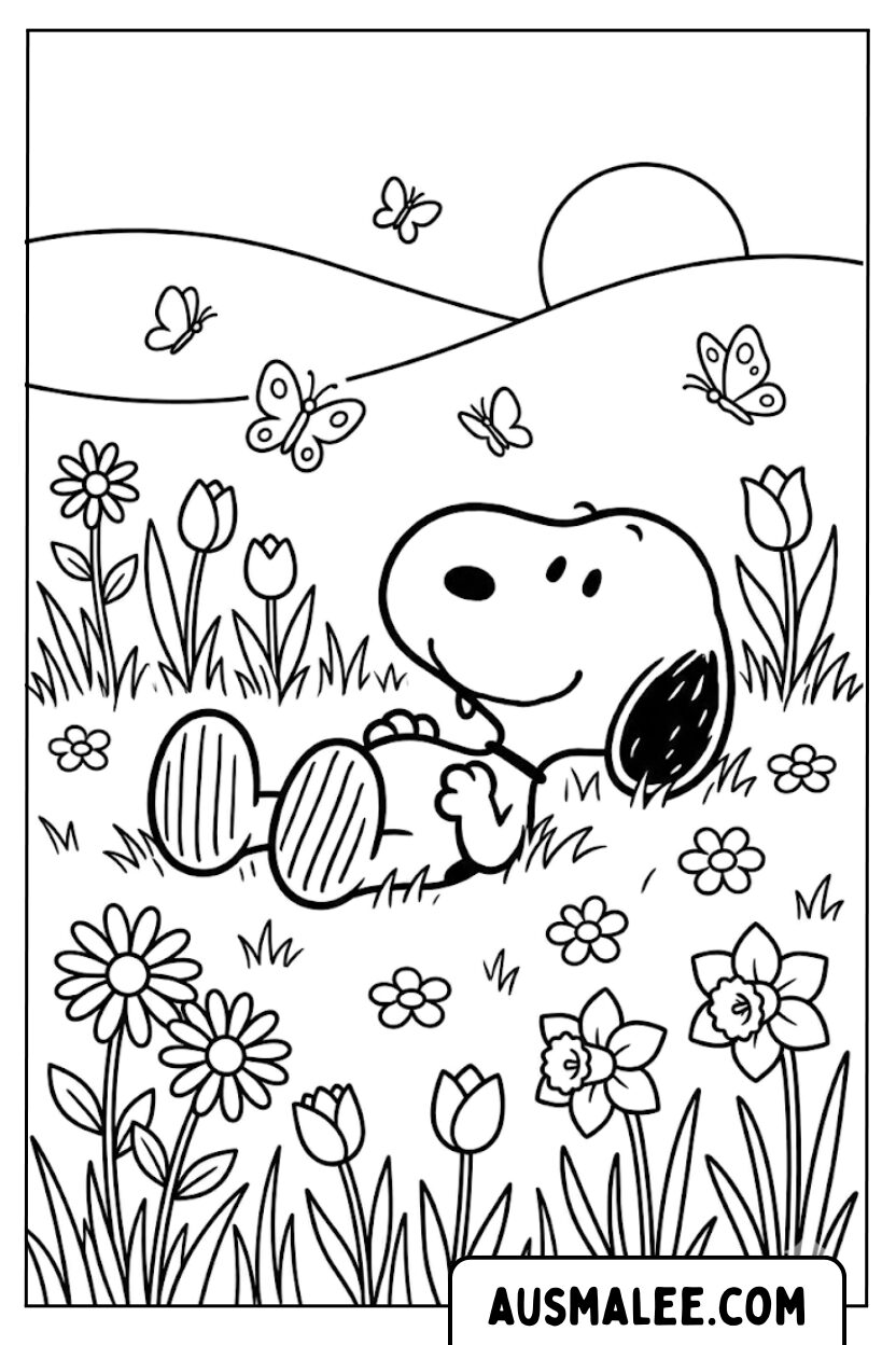 Kleurplaat Snoopy bloemenweide
