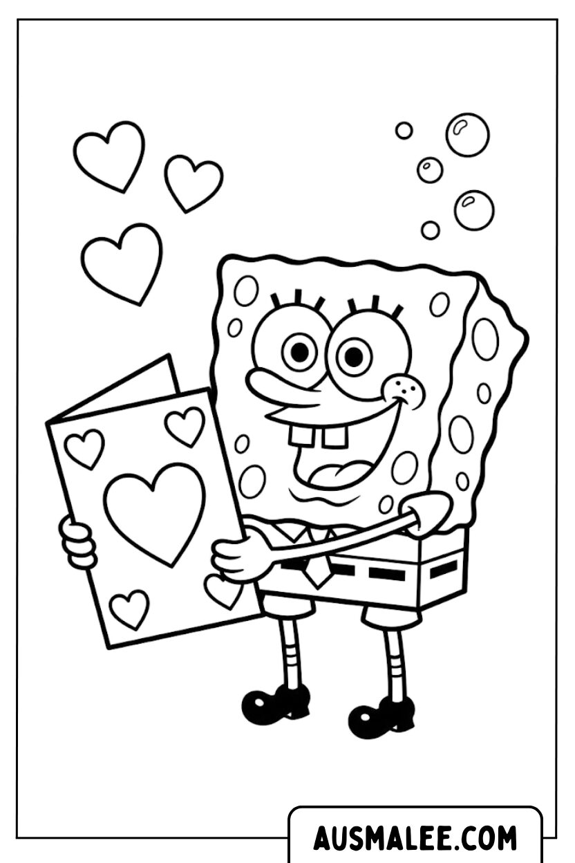 Coloriage de carte de voeux coeur Bob l'éponge