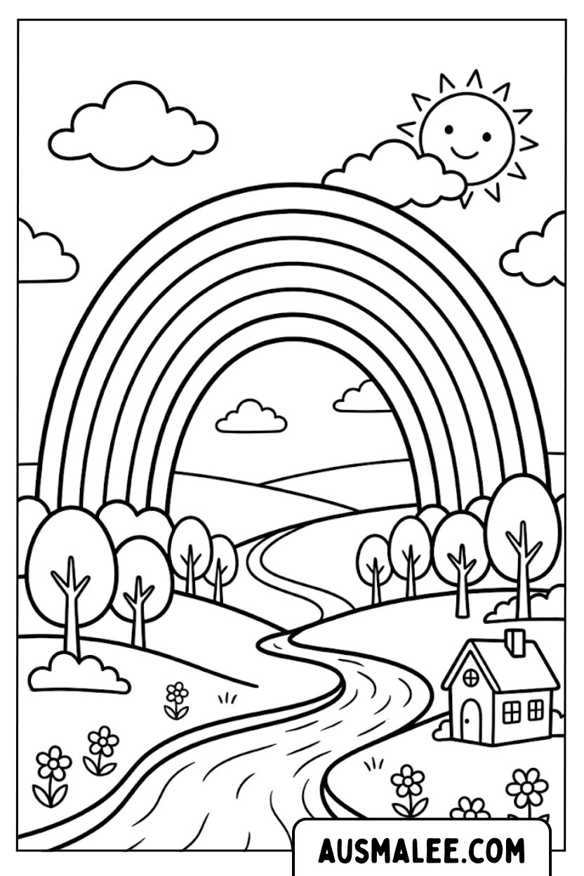 Coloring pages landscape rainbow river