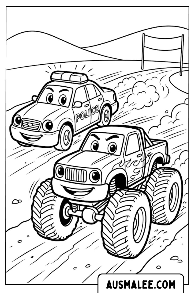Monster truck police racing coloring pages