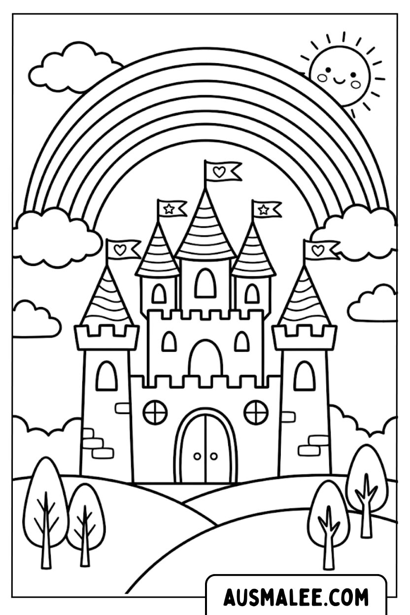 Rainbow Sun Castle Coloring Pages