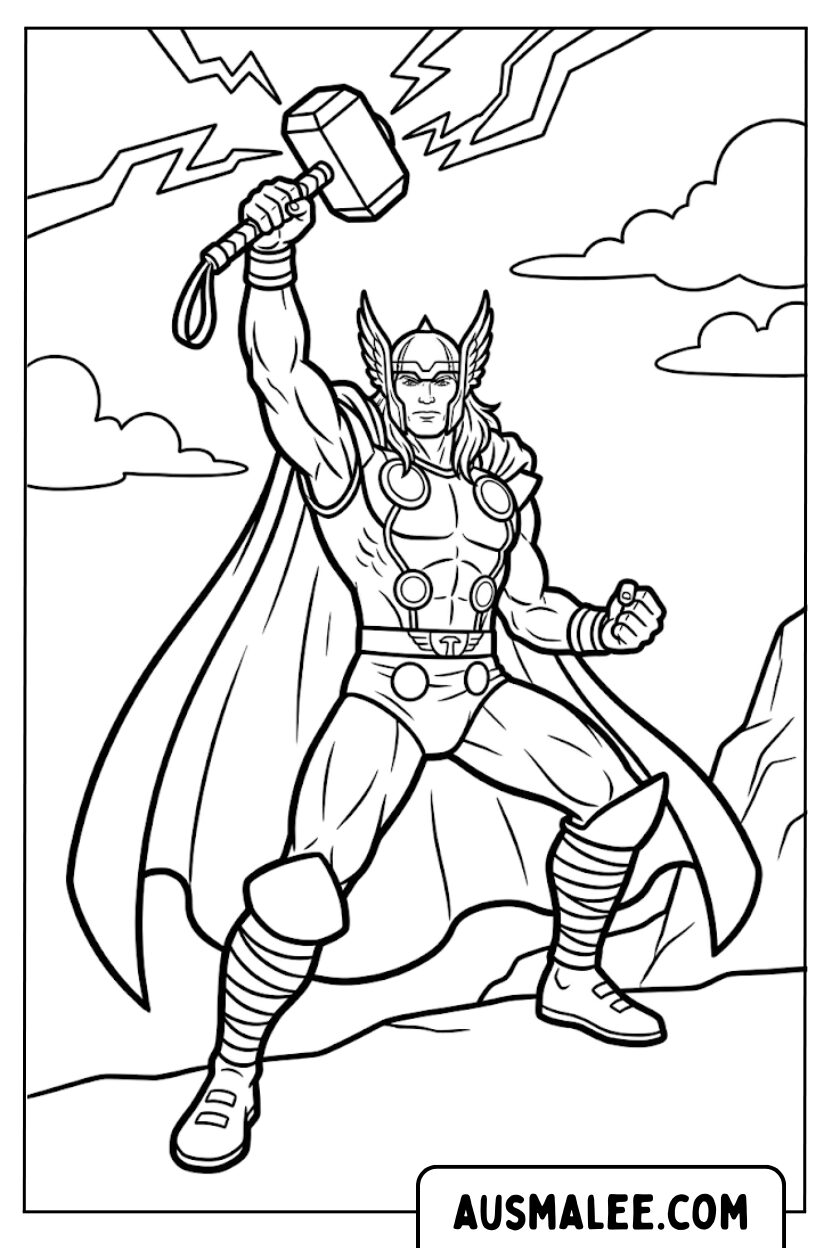 Coloring pages Thor Hammer Lightning Mountains