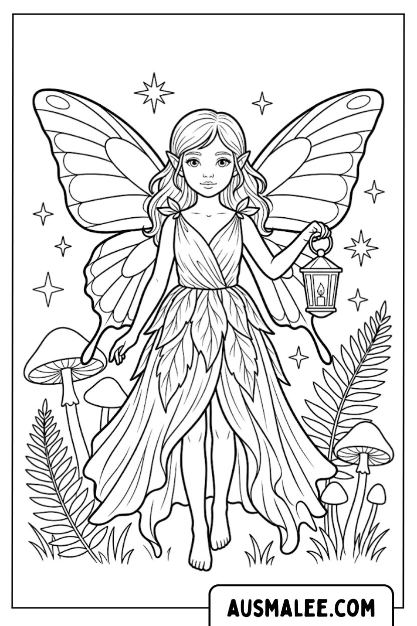 Coloriages fée de la forêt avec lanterne