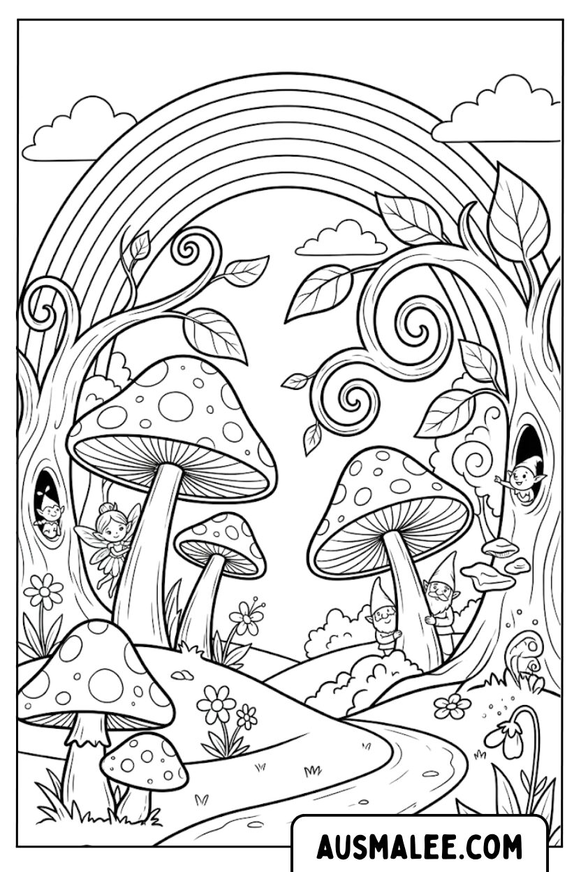 Magic forest rainbow gnome coloring pages
