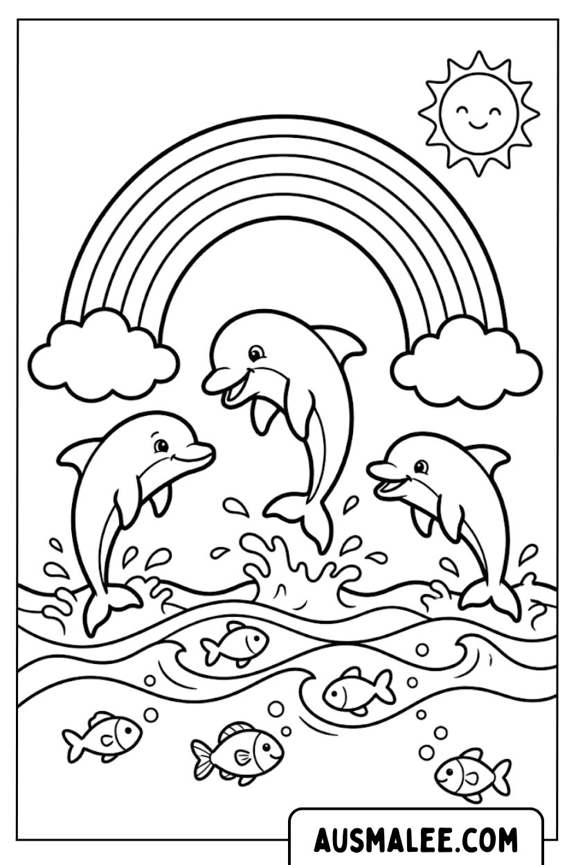Coloring pages dolphins rainbow sea