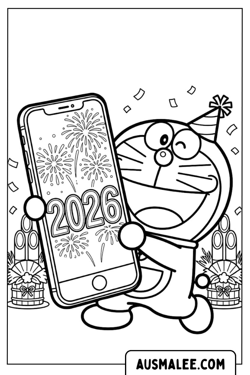 Kleurplaten Doraemon iPhone Nieuwjaar 2026