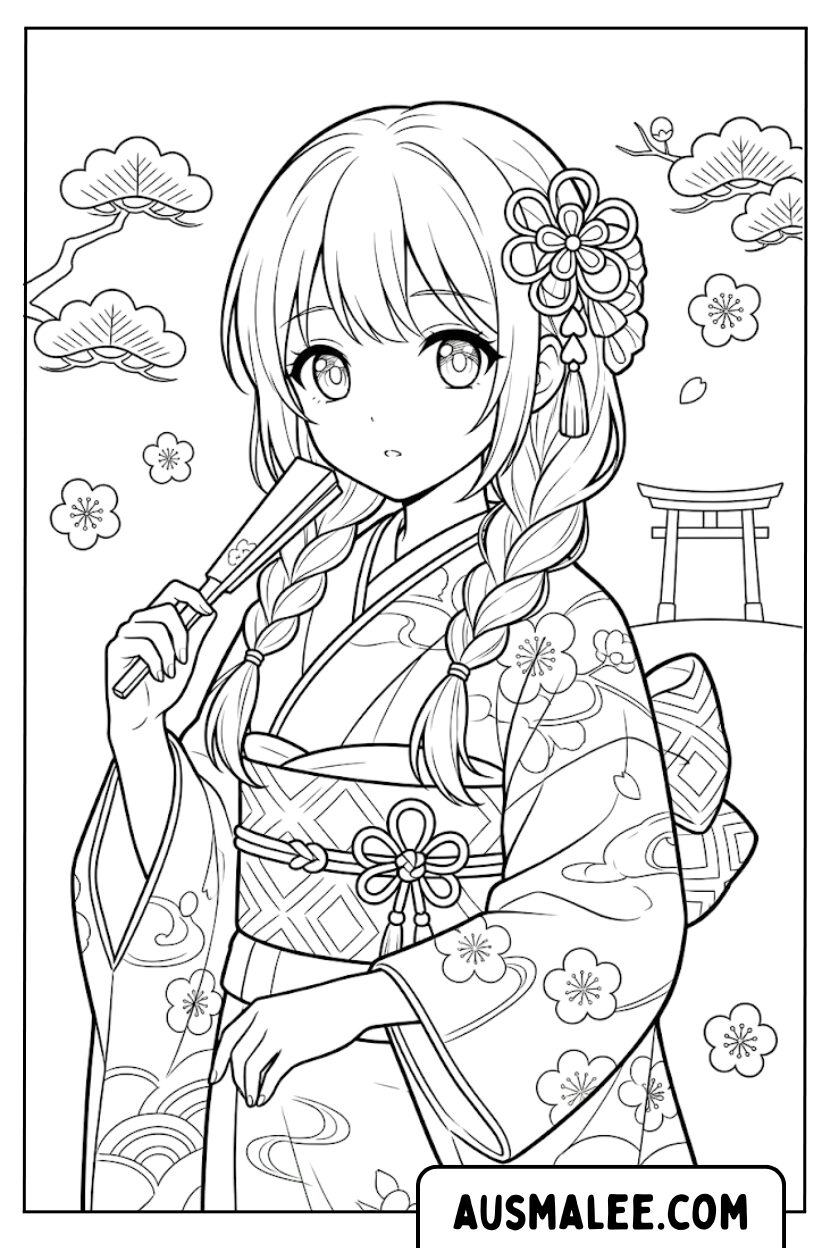Coloriages filles kimono anime