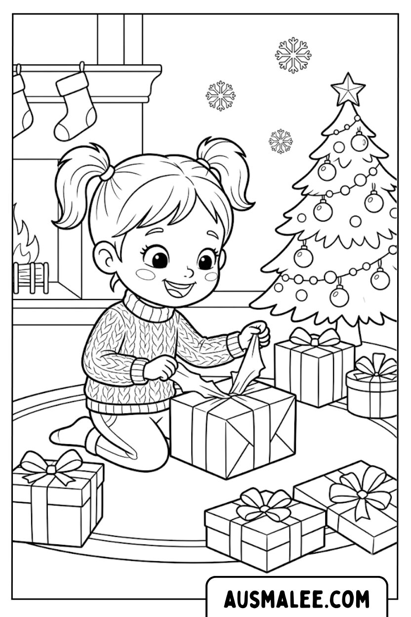 Coloriages de filles déballant des cadeaux de Noël