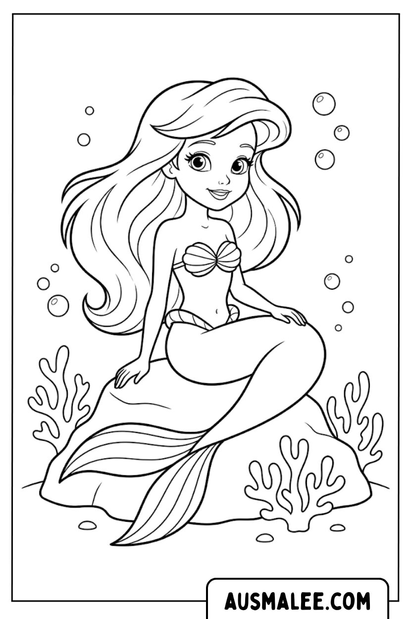 Coloriage de la sirène Ariel sur des rochers