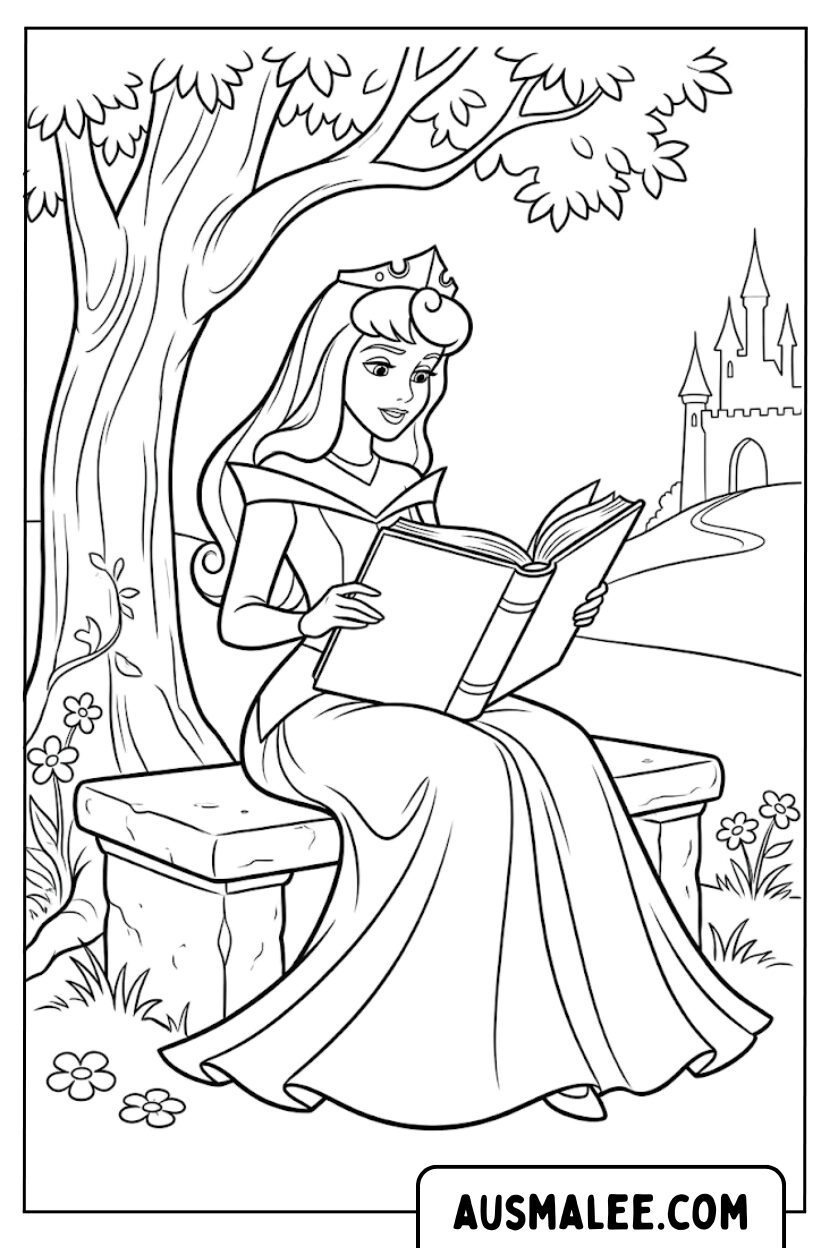 Coloriage Princesse Aurore lit un livre