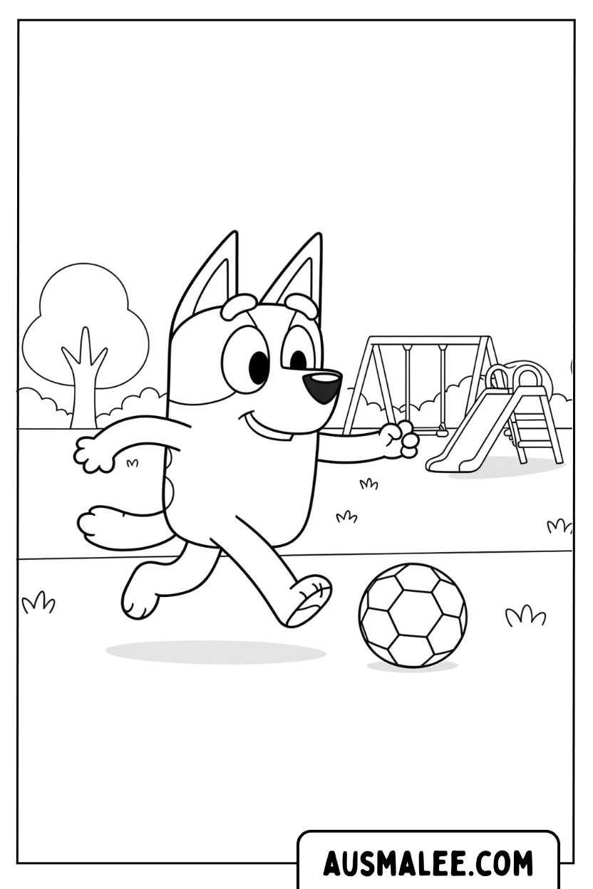 Coloriage Bluey joue au football dans le parc