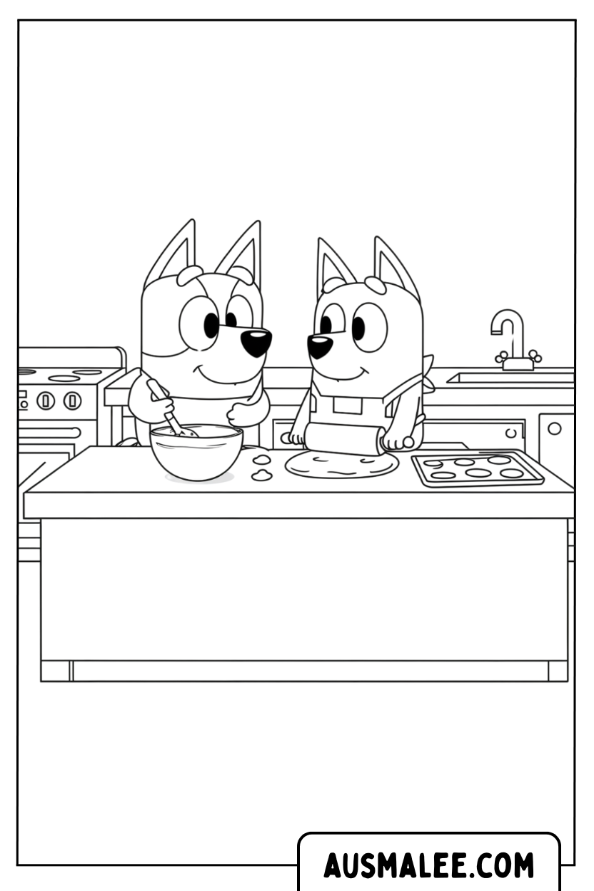 Coloriage de cuisine Bluey et Bingo