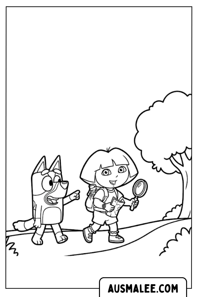 Coloriage Bluey et Dora en randonnée