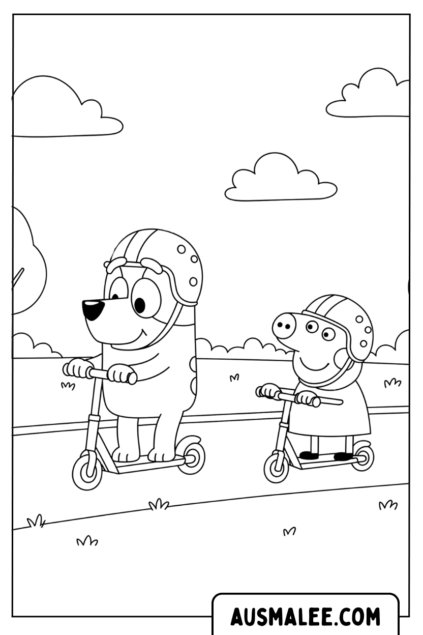 Coloriage Bluey et Peppa montent en scooter