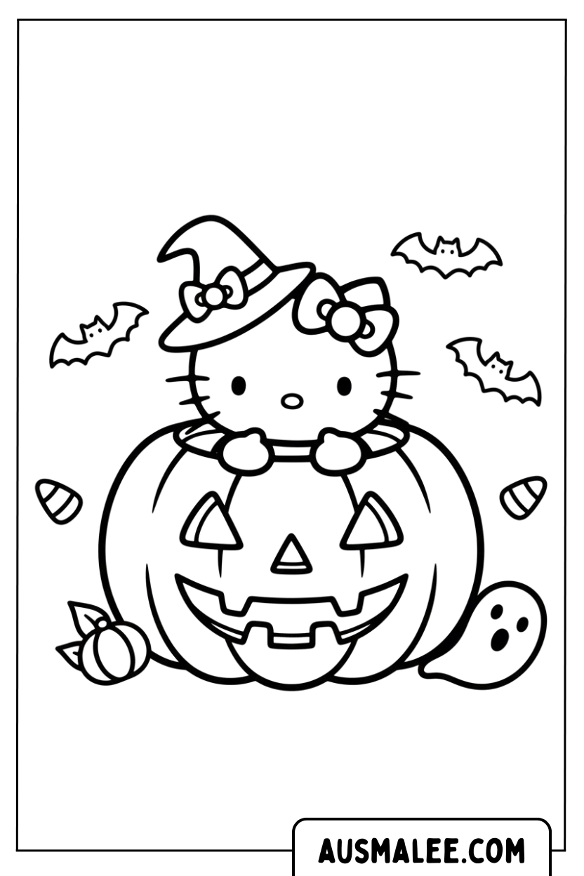 Coloriage Hello Kitty sorcière sur citrouille
