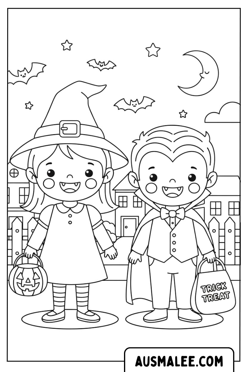 Coloriage enfants en costumes de sorcière et de vampire
