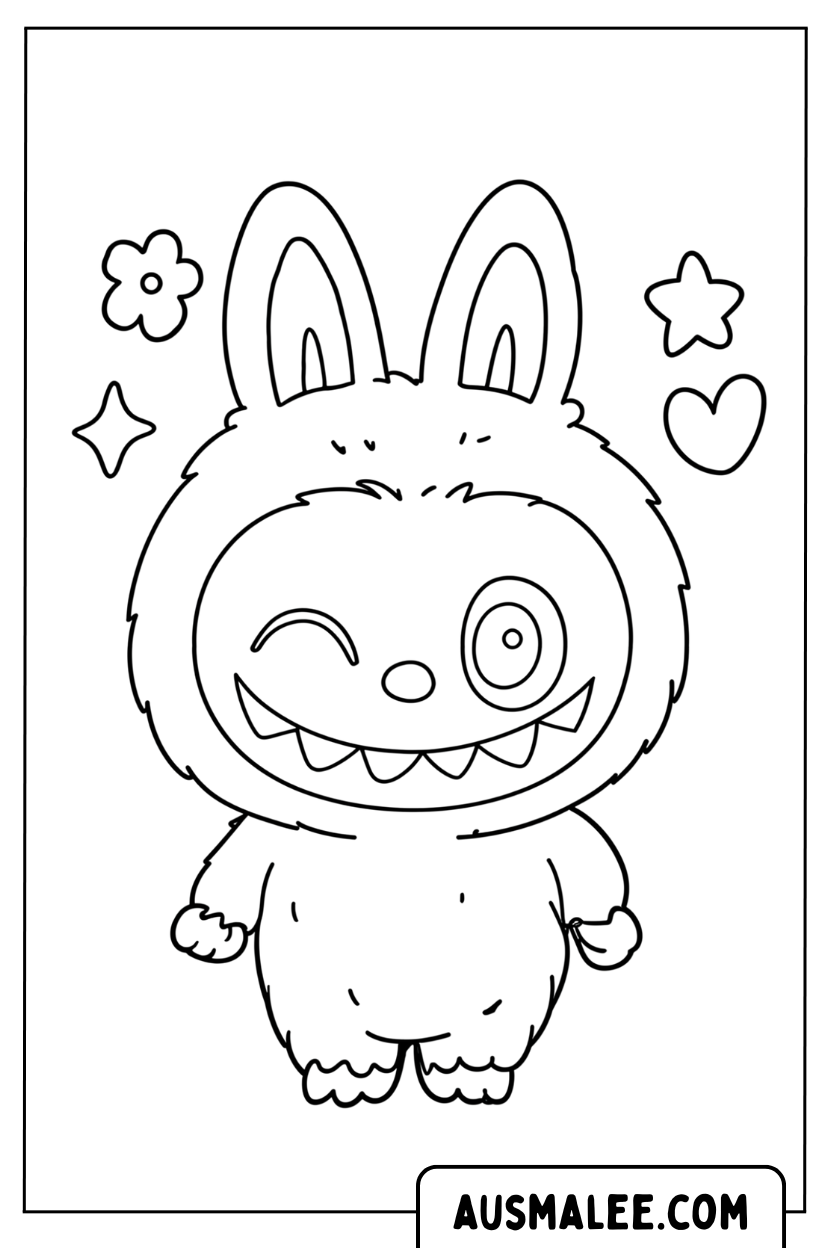 Ausmalbild Labubu Mit Hasenohren Zwinkert Blume