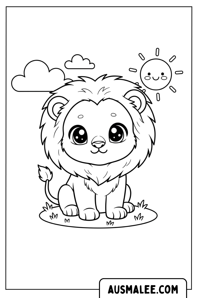 Coloring Page Lion Cub Sitting Outdoors