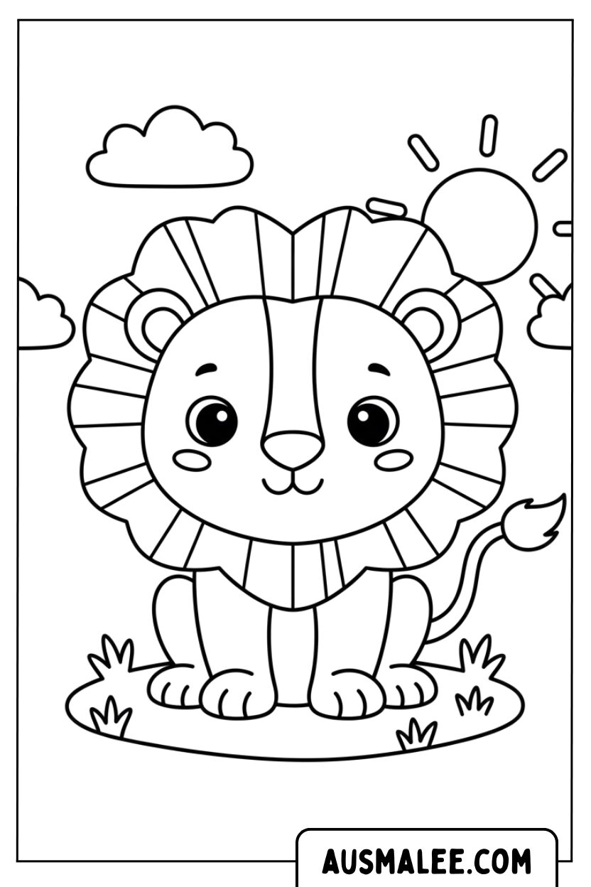 Coloring picture lion cub sitting in the sun