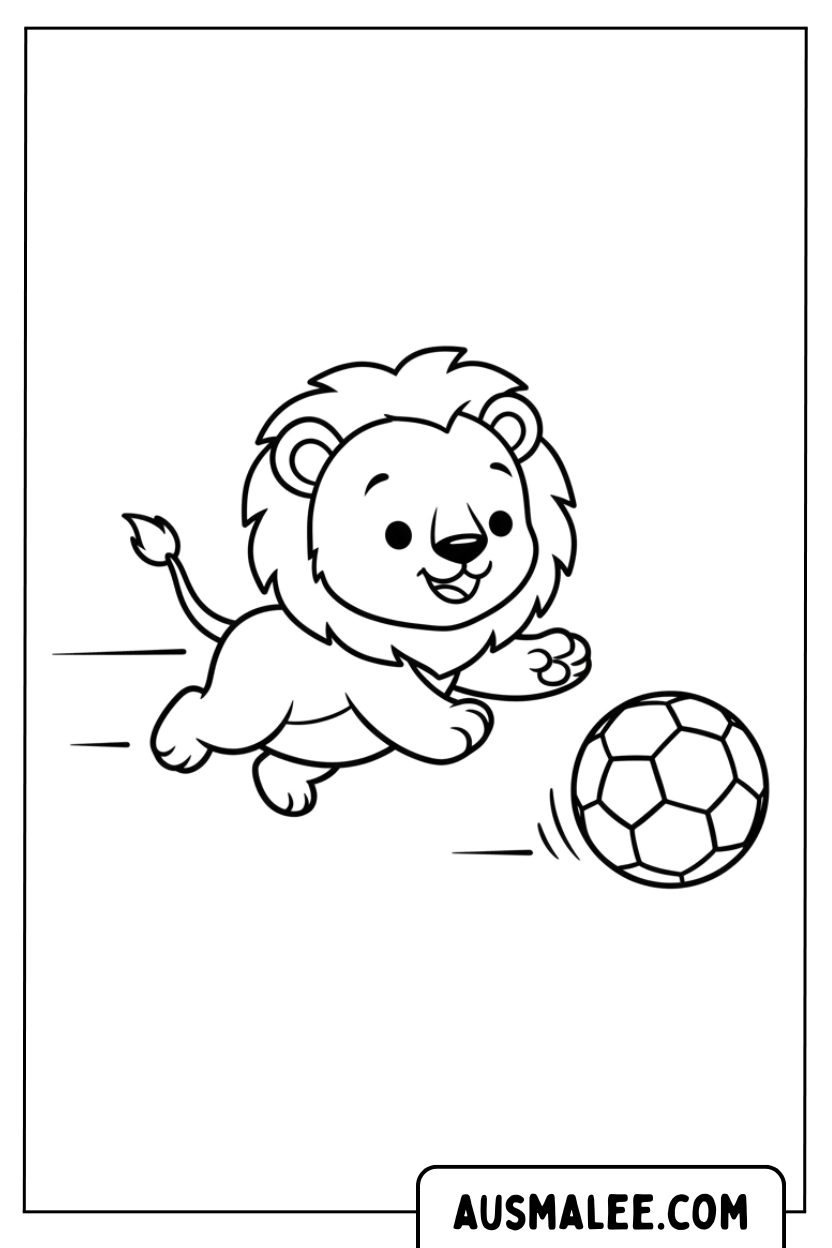 Coloring picture lion cub plays football