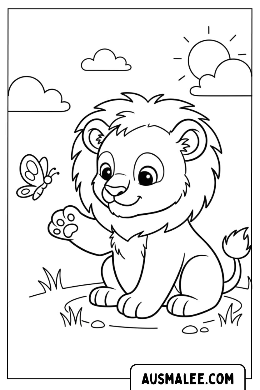 Coloring picture lion cub playing with butterfly