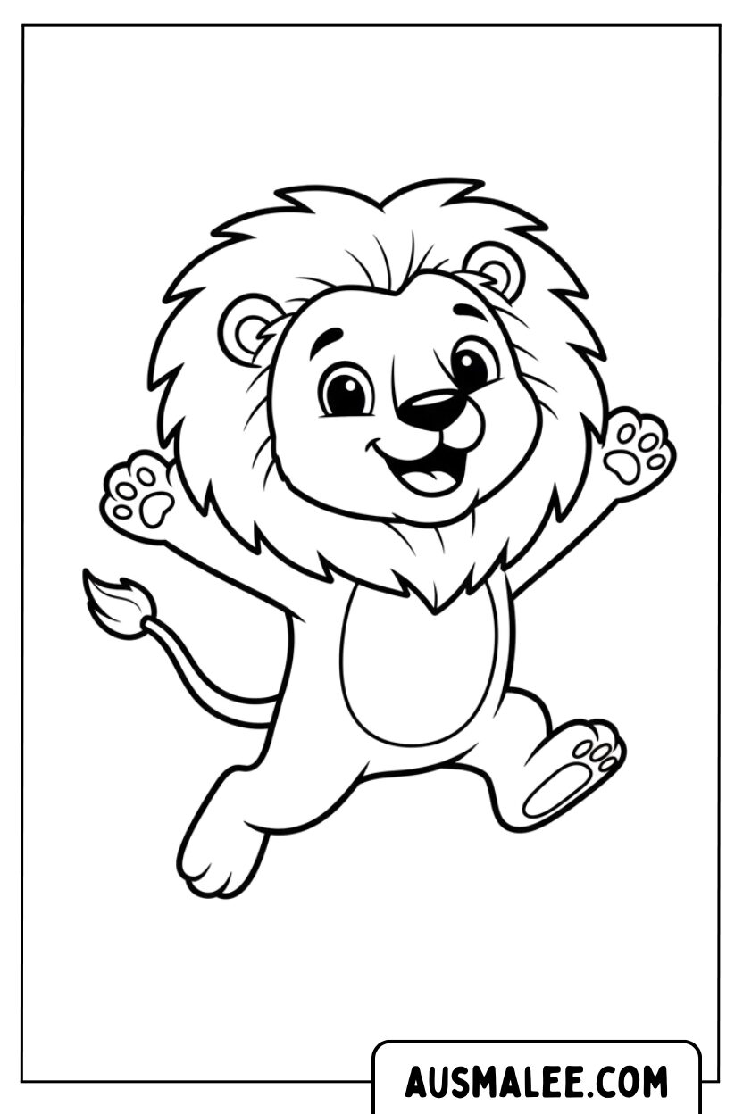 Coloring page lion cub jumps high happily
