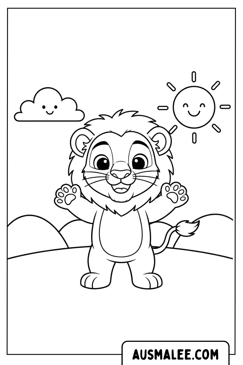 Coloring page lion cub stretches paws