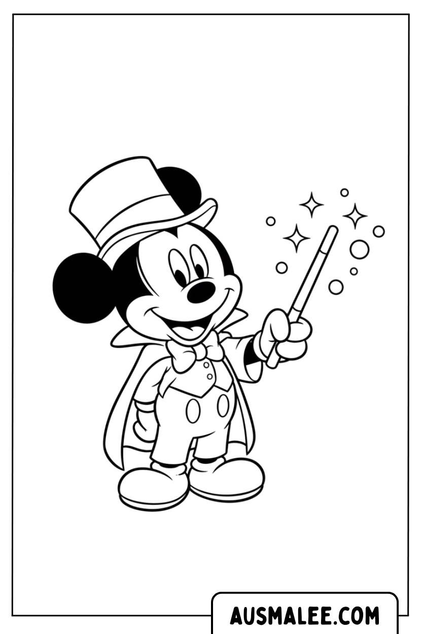 Coloring page Mickey Mouse as a magician