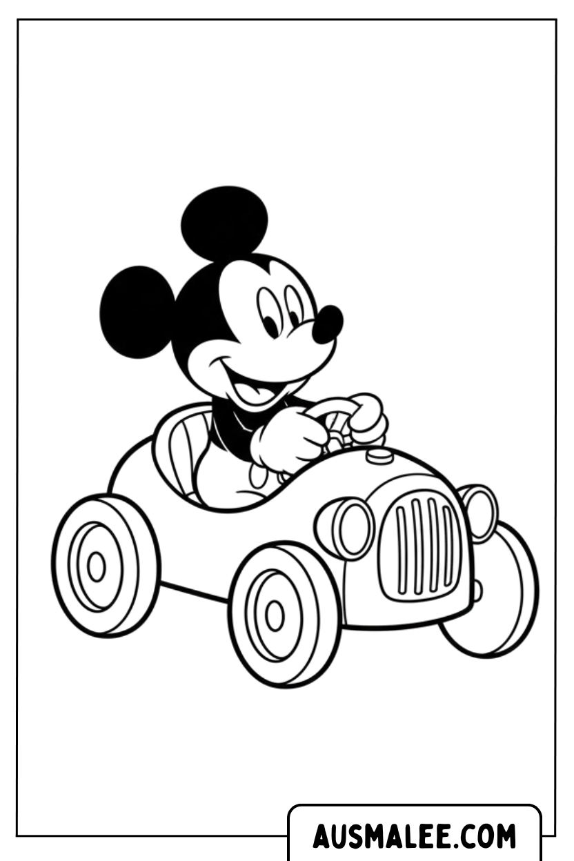 Mickey Mouse Driving Car Coloring Page