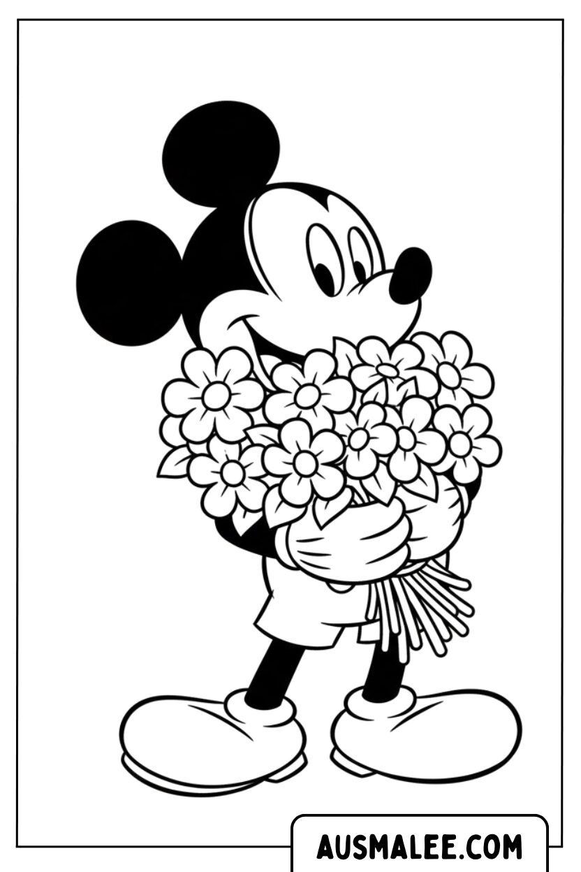 Coloring page Mickey Mouse Holding Bouquet of Flowers