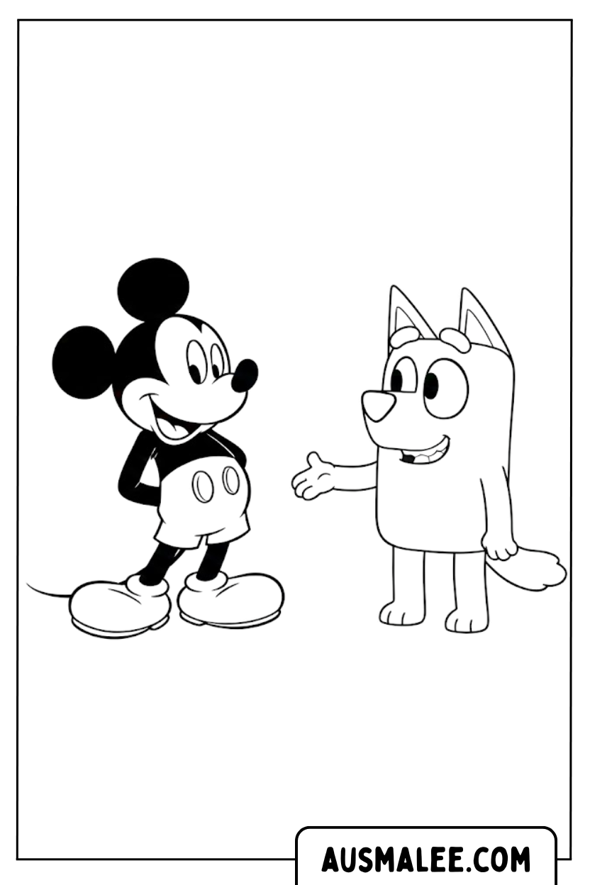 Mickey Mouse And Bluey Coloring Page
