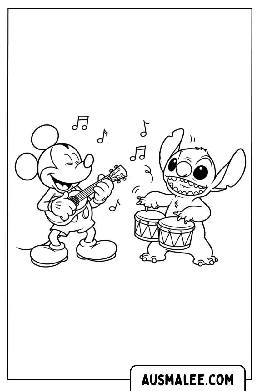 Mickey Mouse And Stitch Music Coloring Page