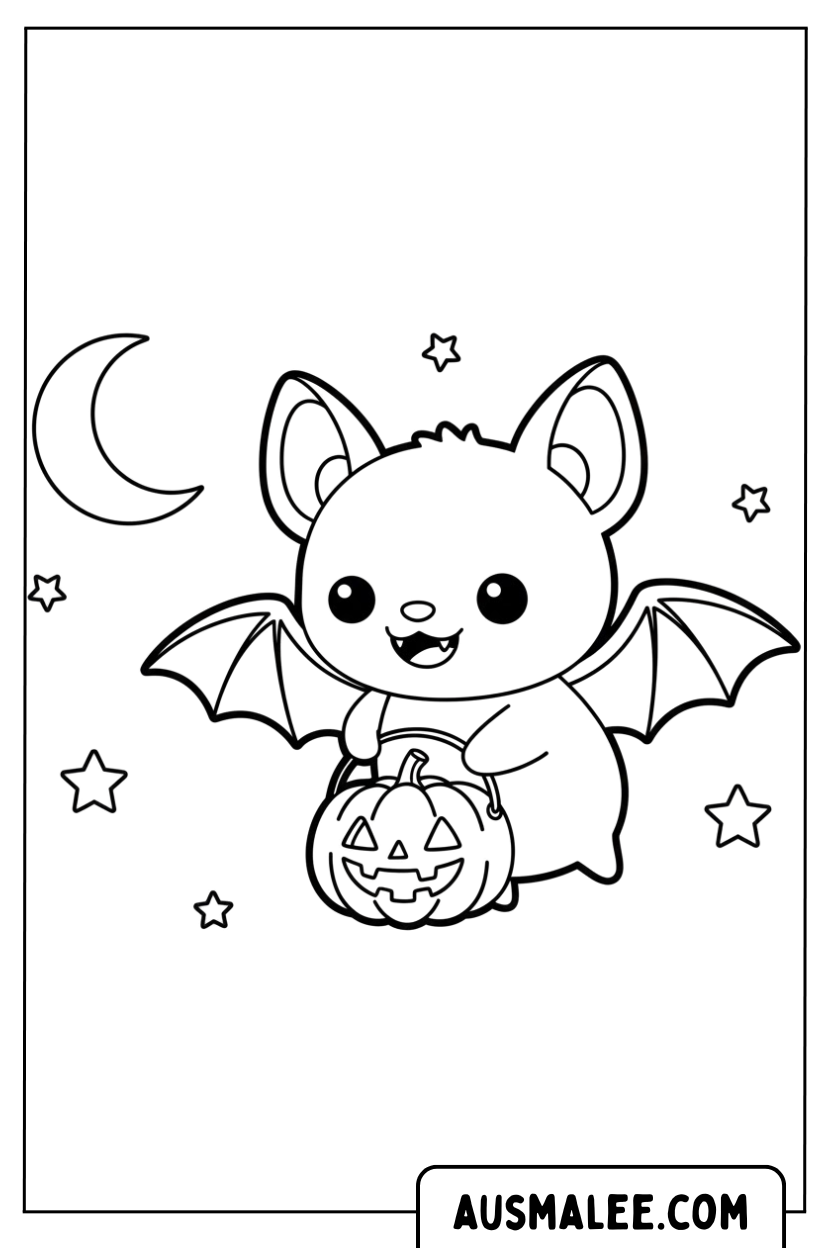 Coloriage chauve-souris mignonne avec citrouille