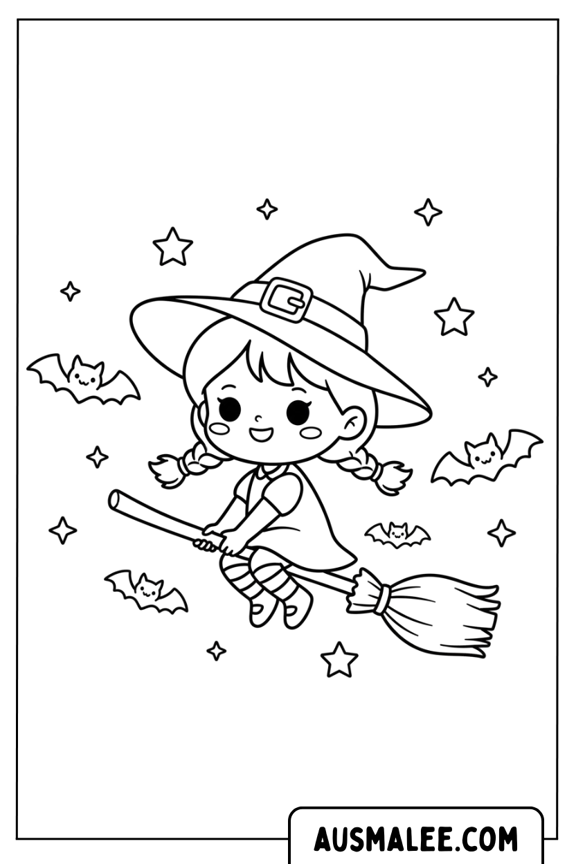 Coloriage Jolie sorcière sur un balai