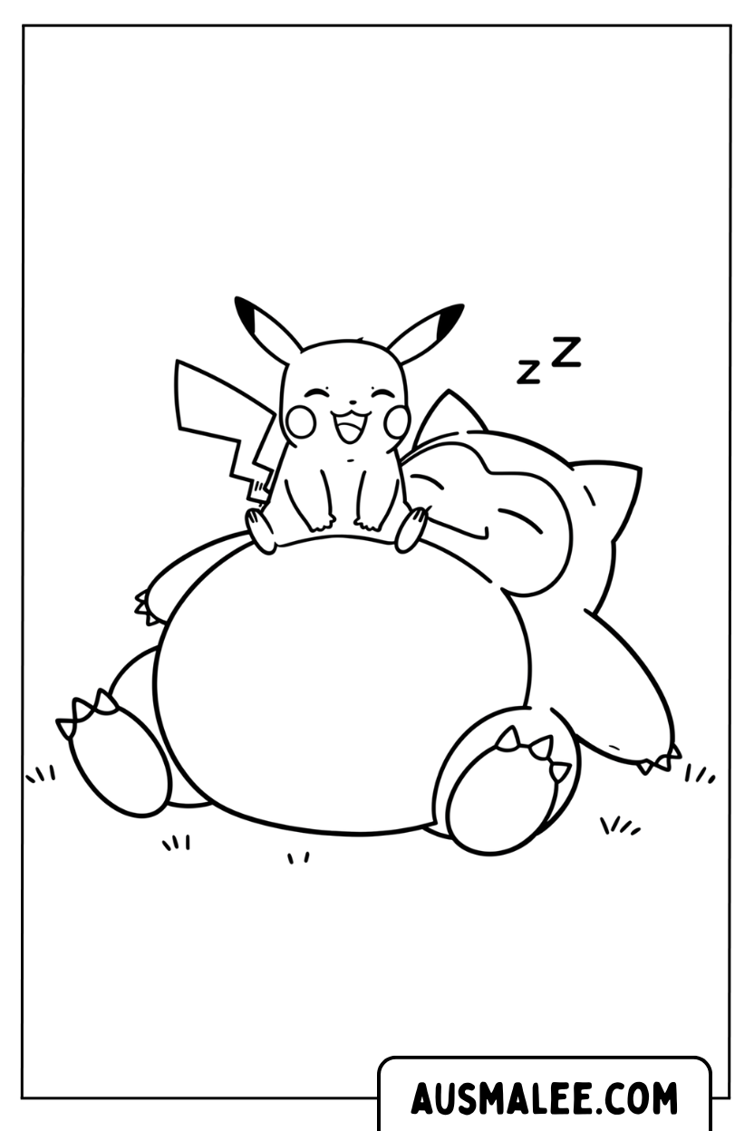 Ausmalbild Pikachu Schläft Auf Snorlax