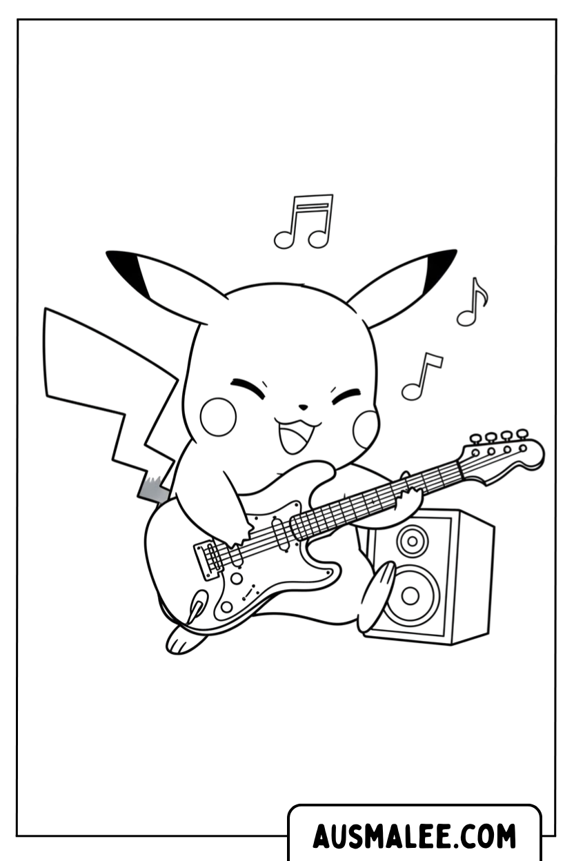 Ausmalbild Pikachu Spielt E Gitarre