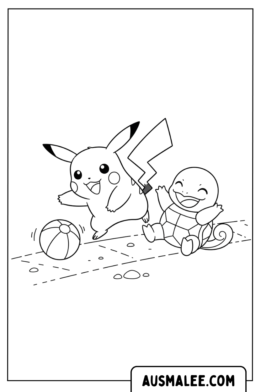 Ausmalbild Pikachu Spielt Mit Squirtle