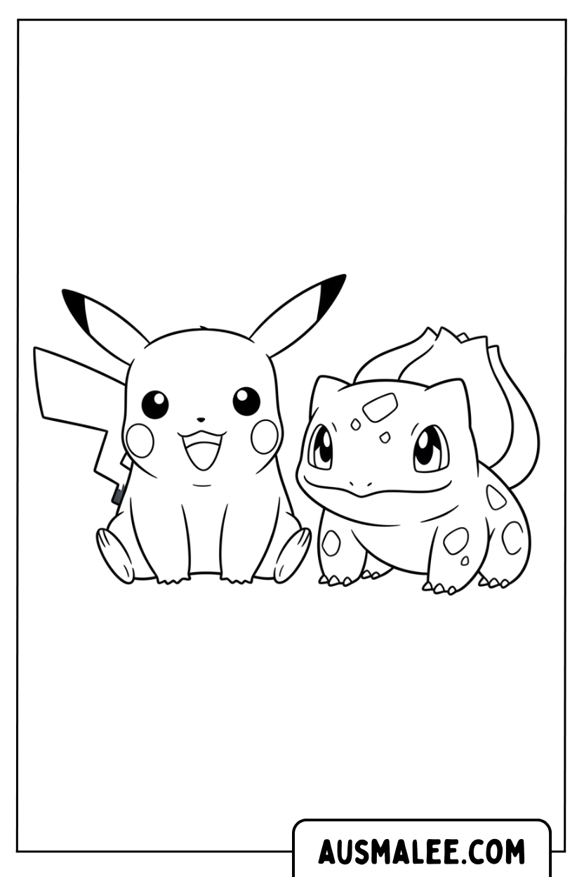 Ausmalbild Pikachu Und Bulbasaur Sitzen