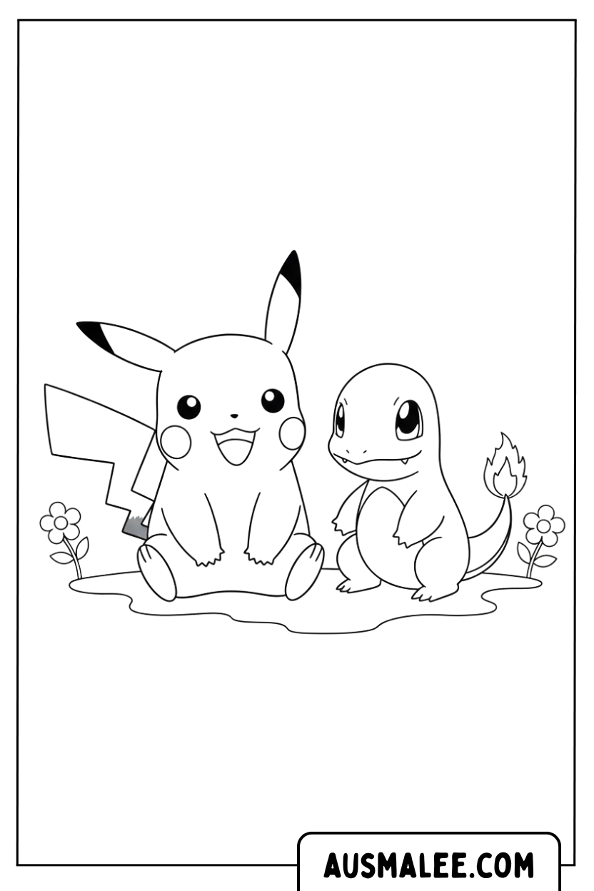 Ausmalbild Pikachu Und Charmander Sitzen